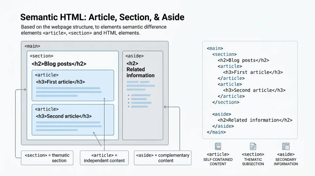 Різниця між HTML-тегами article section та aside