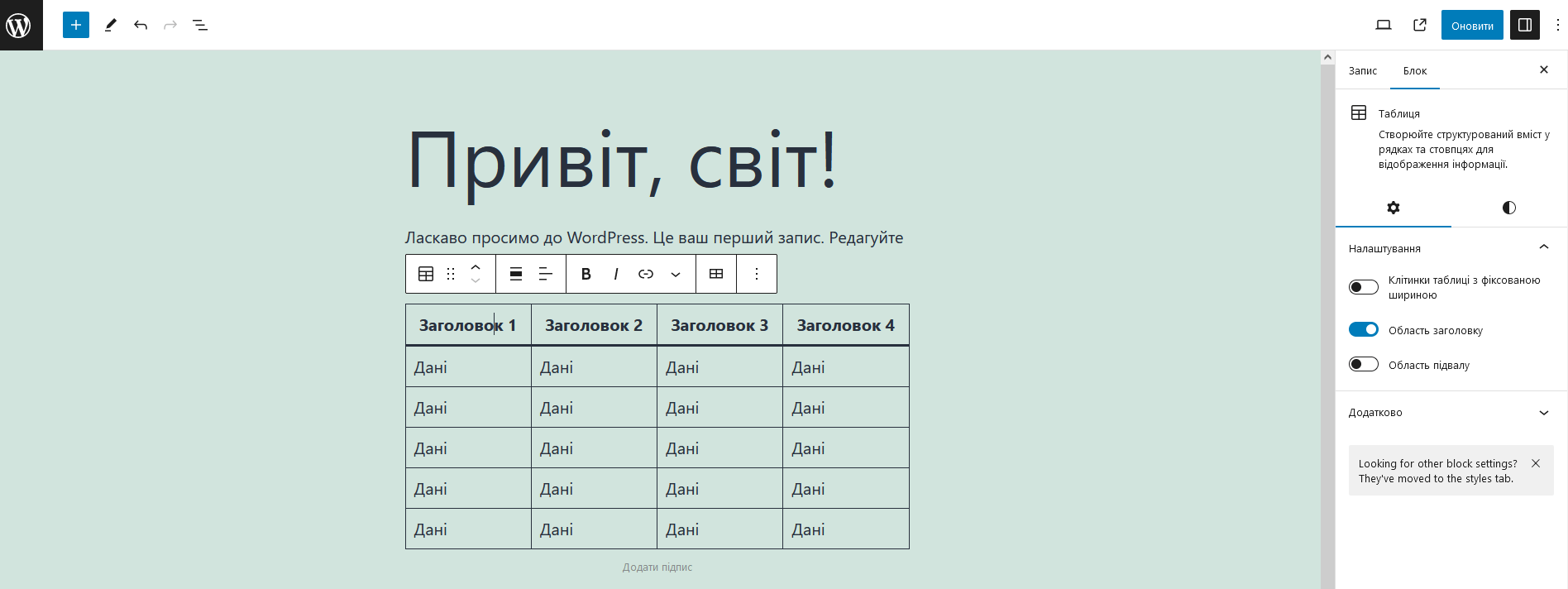 Вікно WordPress редактора Gutenberg