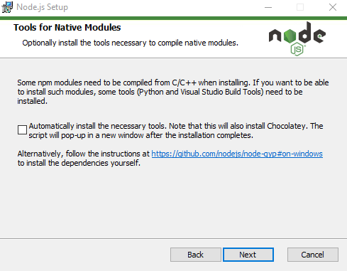 Встановлення додаткових модулів Node.js у Windows