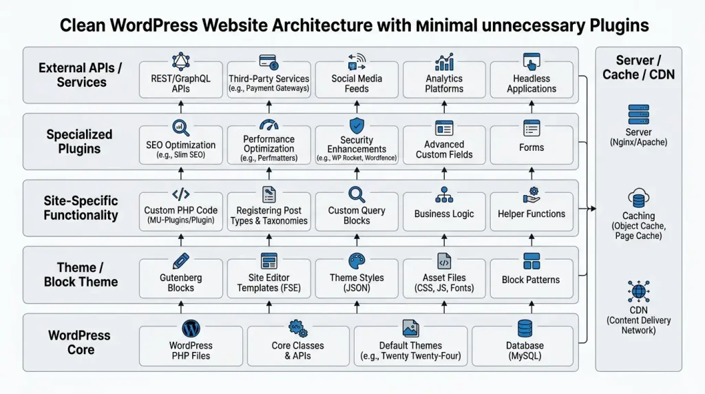 Архітектура WordPress-сайту без зайвих плагінів із розподілом відповідальності між Core, темою, власним кодом та плагінами