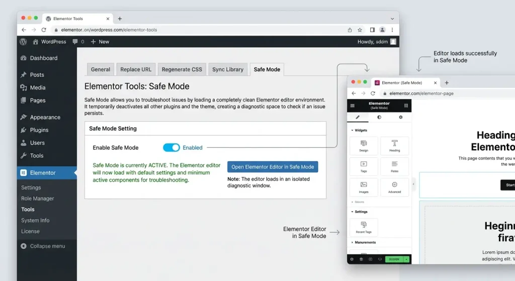 Увімкнення Safe Mode в Elementor для діагностики проблеми із завантаженням редактора