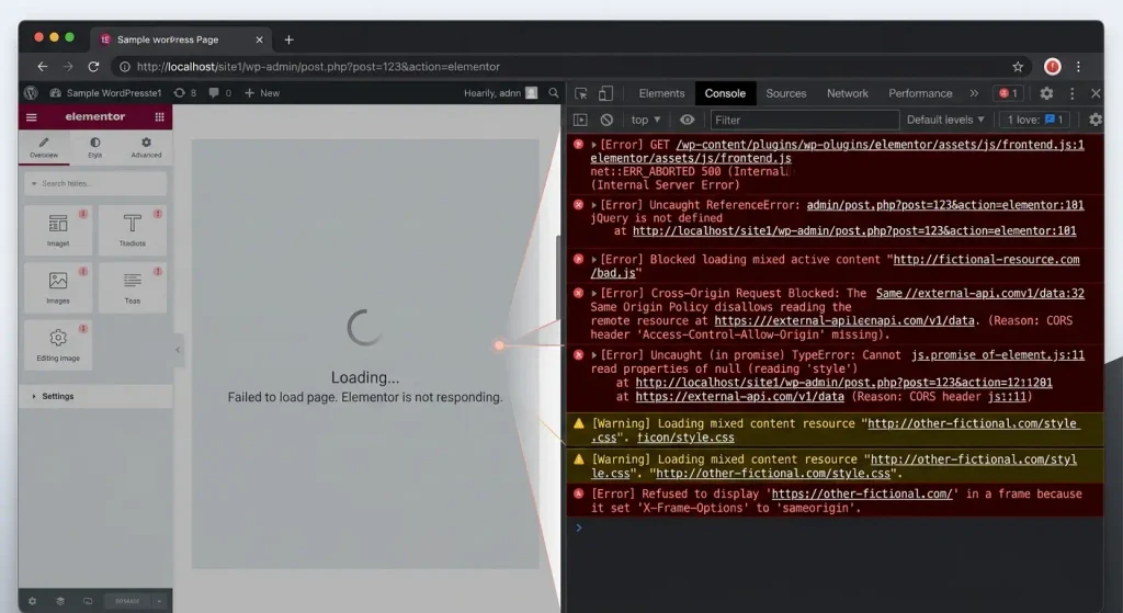 Перевірка помилок JavaScript у Console браузера під час діагностики Elementor